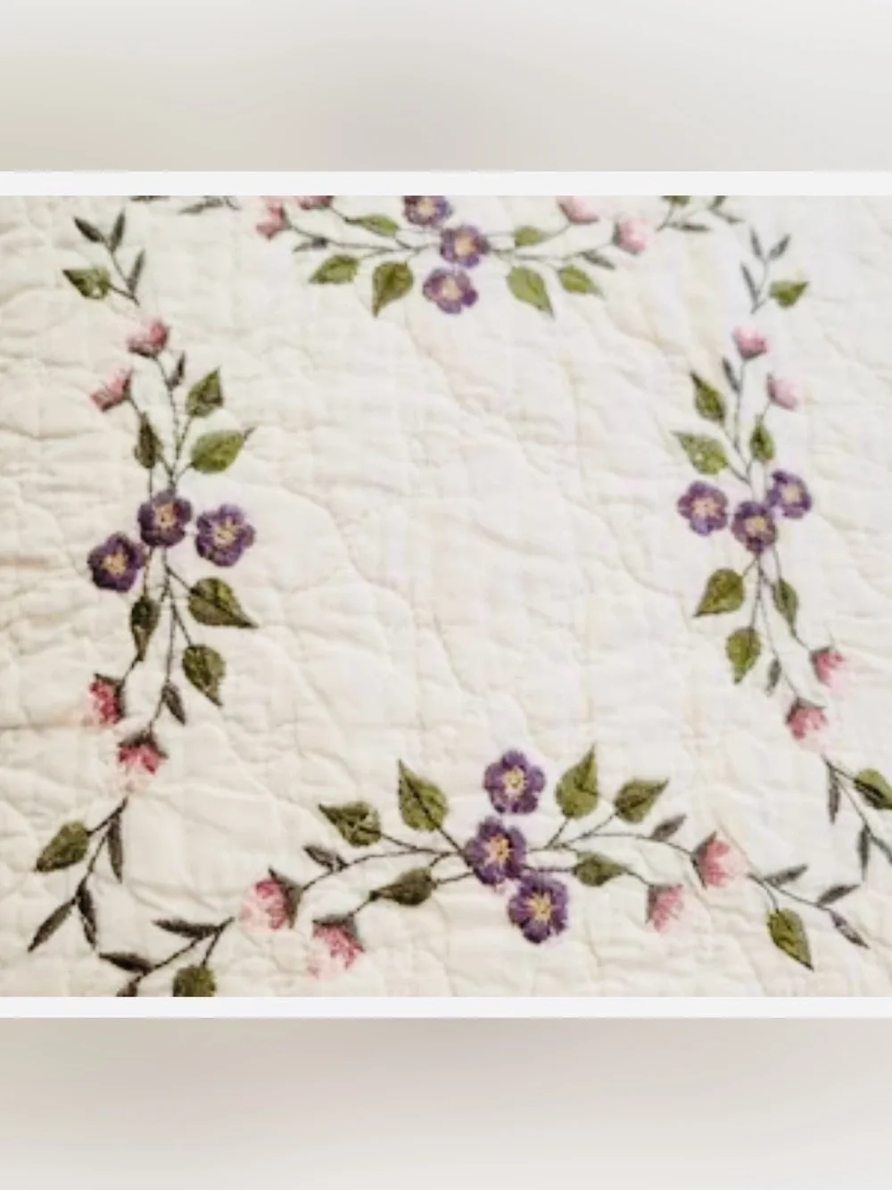 White 100% Cotton Quilt with Embroidered Lavender Floral Accents Size Queen